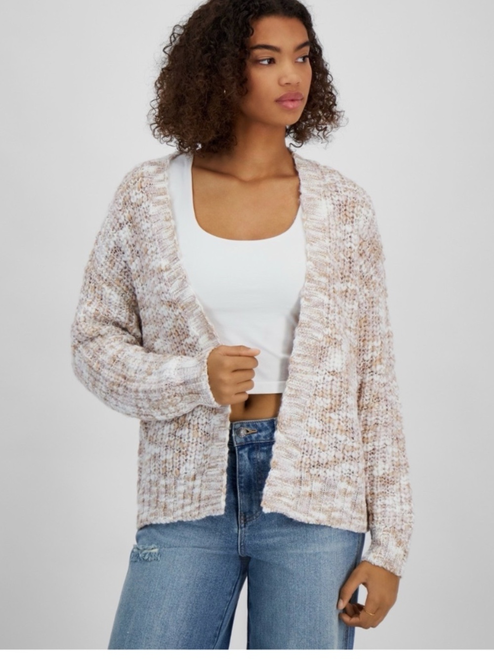 Hippie Rose Juniors' Open-Front Beige Long-Sleeve Oversize Cardigan SIZE L NWT